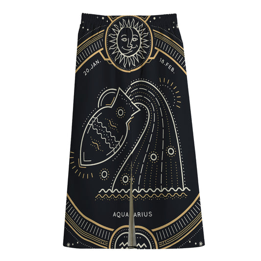 Vintage Aquarius Zodiac Sign Print Cotton Front Slit Maxi Skirt