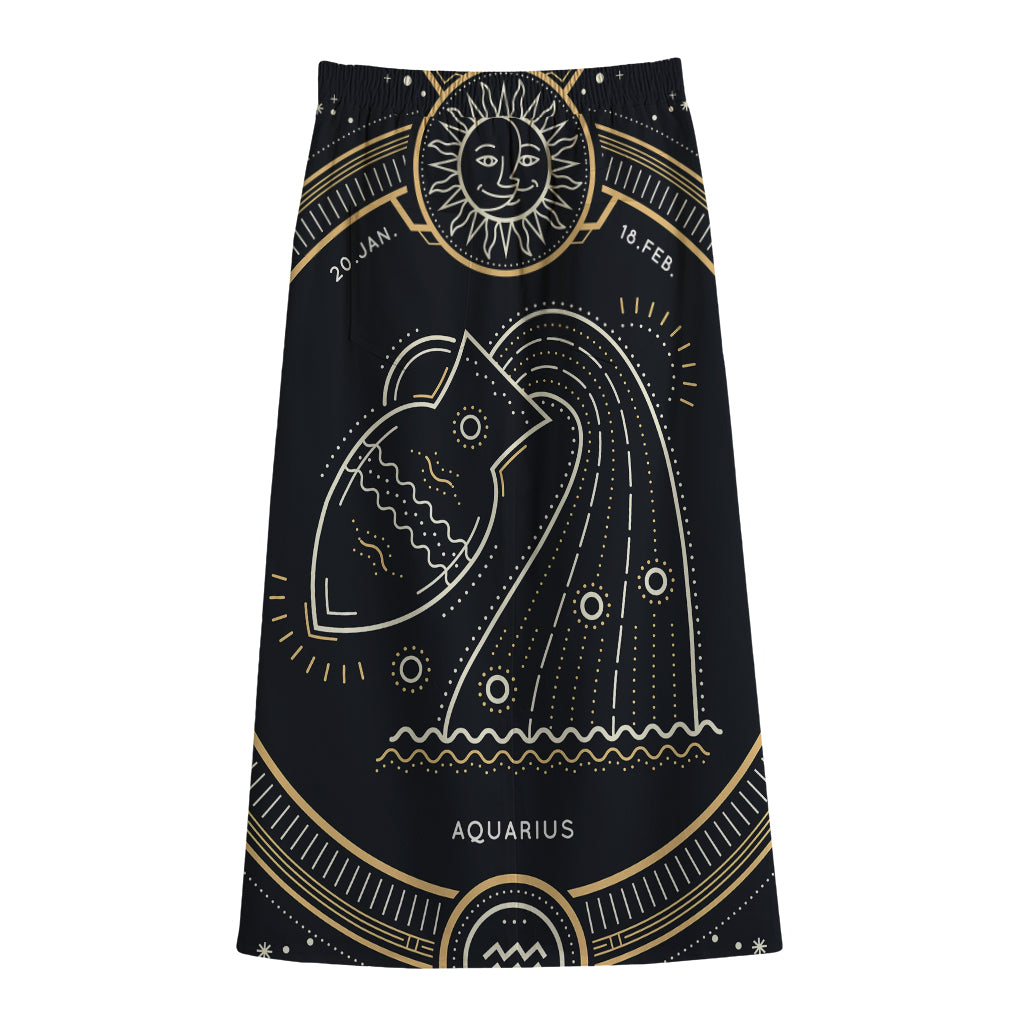 Vintage Aquarius Zodiac Sign Print Cotton Front Slit Maxi Skirt
