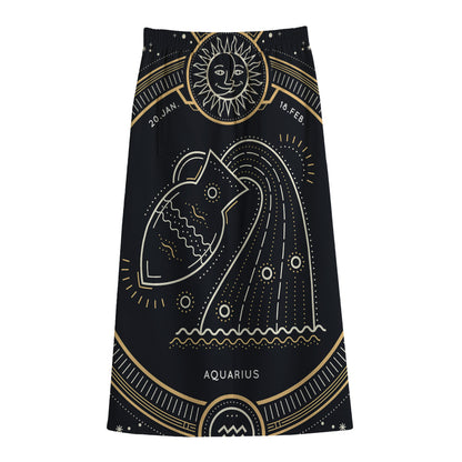 Vintage Aquarius Zodiac Sign Print Cotton Front Slit Maxi Skirt