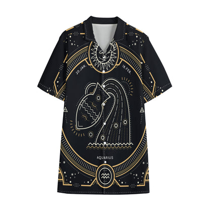 Vintage Aquarius Zodiac Sign Print Cotton Hawaiian Shirt