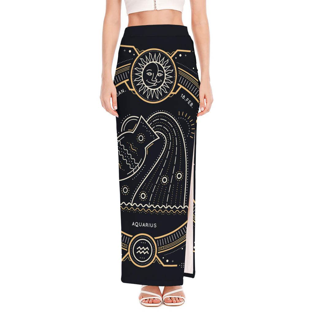 Vintage Aquarius Zodiac Sign Print High Slit Maxi Skirt