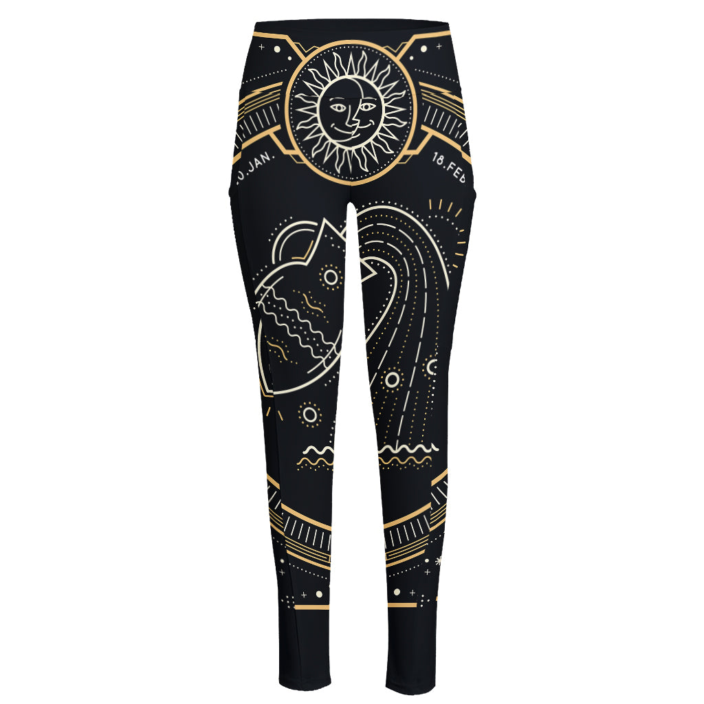 Vintage Aquarius Zodiac Sign Print High-Waisted Pocket Leggings