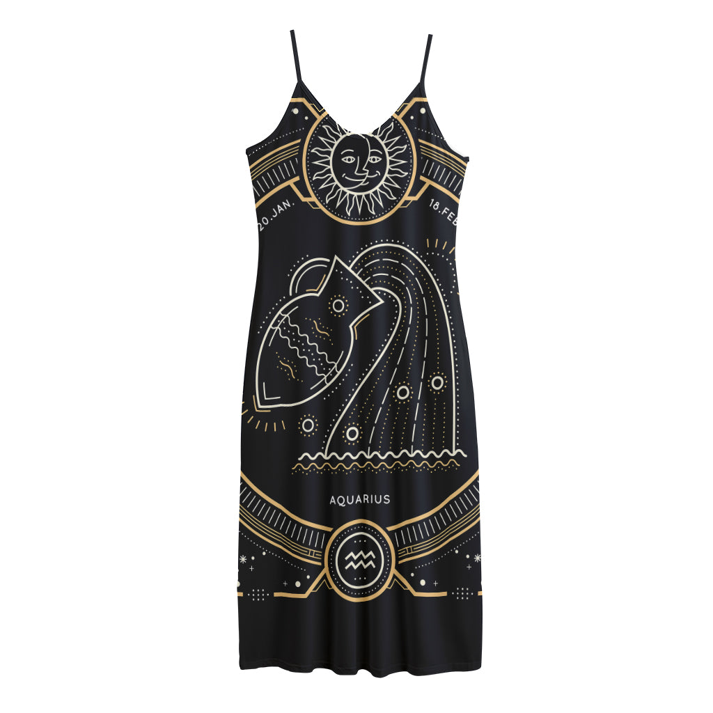 Vintage Aquarius Zodiac Sign Print Jersey Midi Cami Dress
