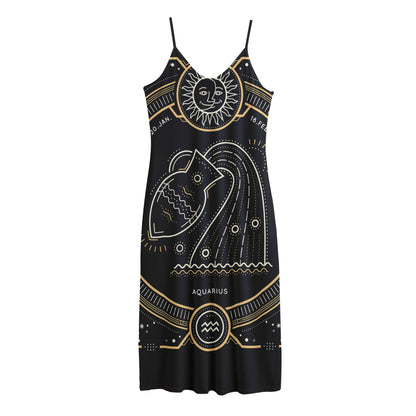 Vintage Aquarius Zodiac Sign Print Jersey Midi Cami Dress