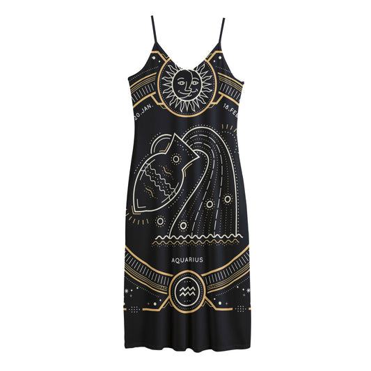 Vintage Aquarius Zodiac Sign Print Jersey Midi Cami Dress