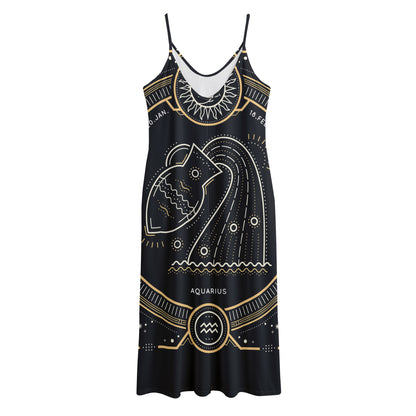 Vintage Aquarius Zodiac Sign Print Jersey Midi Cami Dress