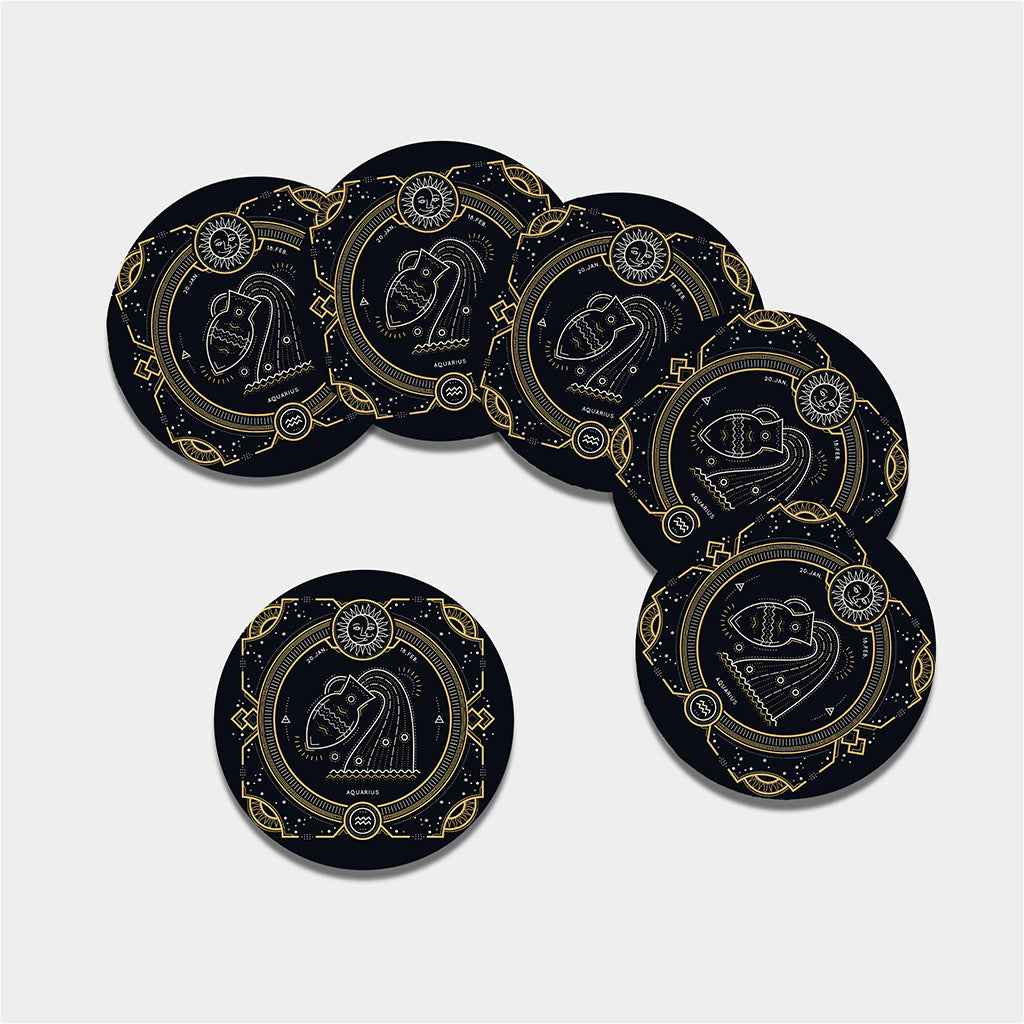 Vintage Aquarius Zodiac Sign Print Leather Coaster Set