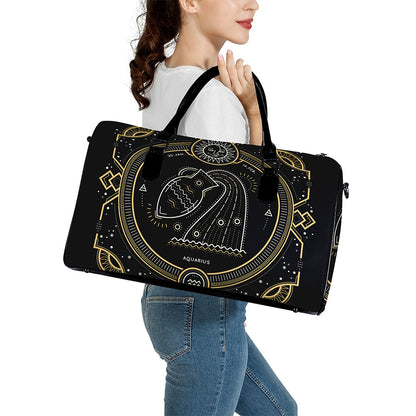 Vintage Aquarius Zodiac Sign Print Leather Duffle Bag