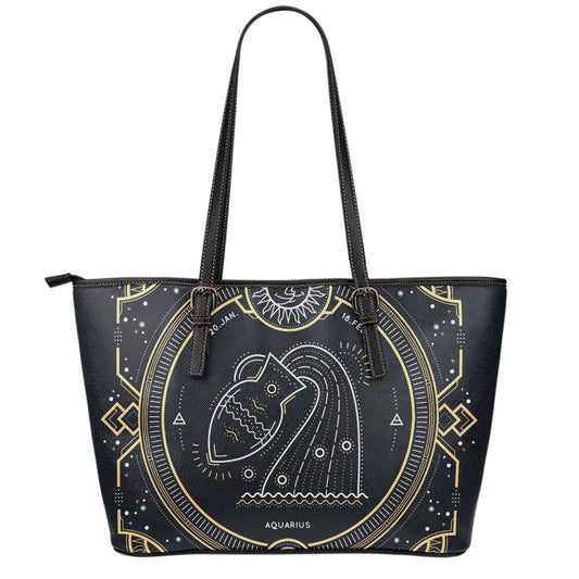Vintage Aquarius Zodiac Sign Print Leather Tote Bag