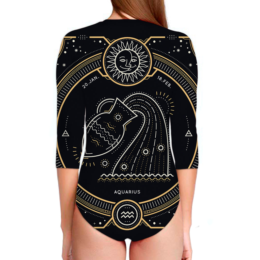 Vintage Aquarius Zodiac Sign Print Long Sleeve Swimsuit