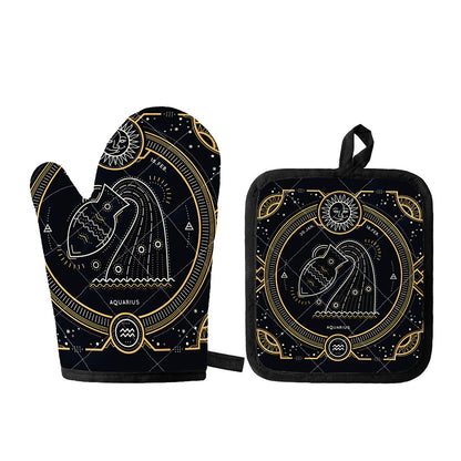 Vintage Aquarius Zodiac Sign Print Oven Mitt And Pot Holder Set