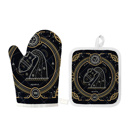 Vintage Aquarius Zodiac Sign Print Oven Mitt And Pot Holder Set