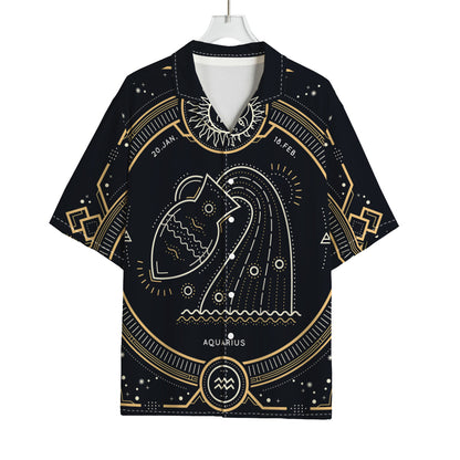 Vintage Aquarius Zodiac Sign Print Rayon Hawaiian Shirt