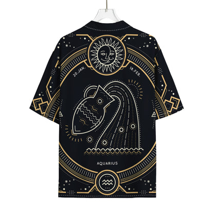 Vintage Aquarius Zodiac Sign Print Rayon Hawaiian Shirt