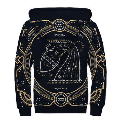 Vintage Aquarius Zodiac Sign Print Sherpa Lined Zip Up Hoodie