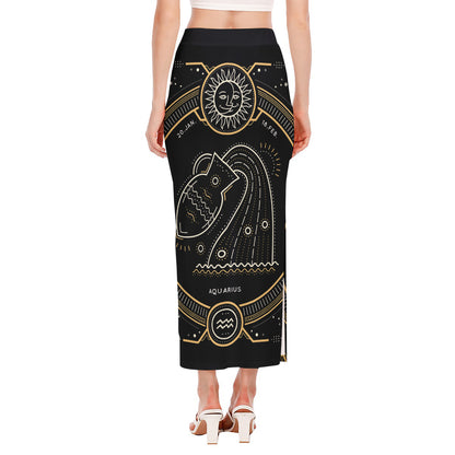 Vintage Aquarius Zodiac Sign Print Side Slit Maxi Skirt