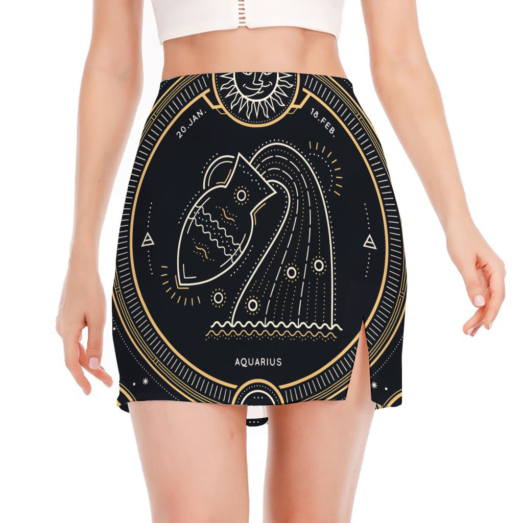 Vintage Aquarius Zodiac Sign Print Side Slit Mini Skirt