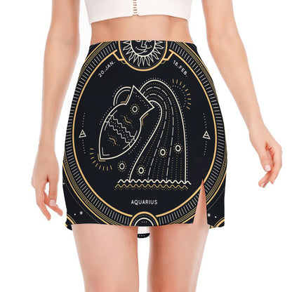 Vintage Aquarius Zodiac Sign Print Side Slit Mini Skirt