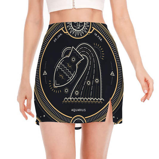 Vintage Aquarius Zodiac Sign Print Side Slit Mini Skirt