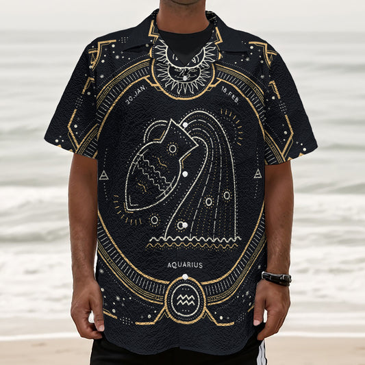 Vintage Aquarius Zodiac Sign Print Textured Short Sleeve Shirt