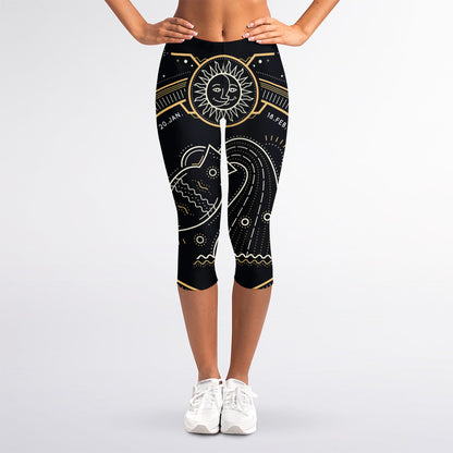 Vintage Aquarius Zodiac Sign Print Women's Capri Leggings