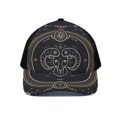 Vintage Aries Zodiac Sign Print Black Mesh Trucker Cap