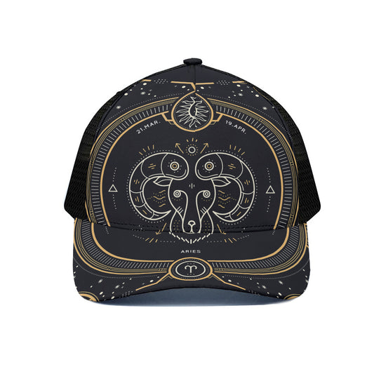 Vintage Aries Zodiac Sign Print Black Mesh Trucker Cap