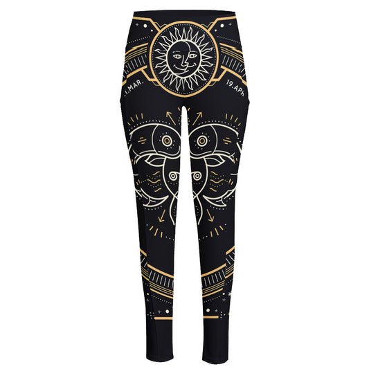 Vintage Aries Zodiac Sign Print High-Waisted Pocket Leggings
