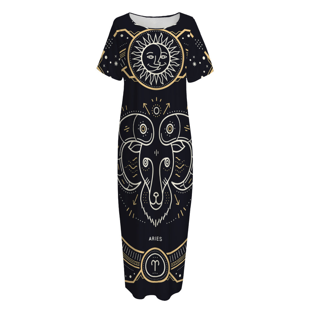 Vintage Aries Zodiac Sign Print Short Sleeve Long Nightdress