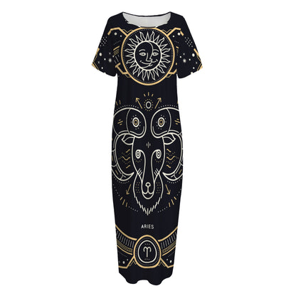 Vintage Aries Zodiac Sign Print Short Sleeve Long Nightdress