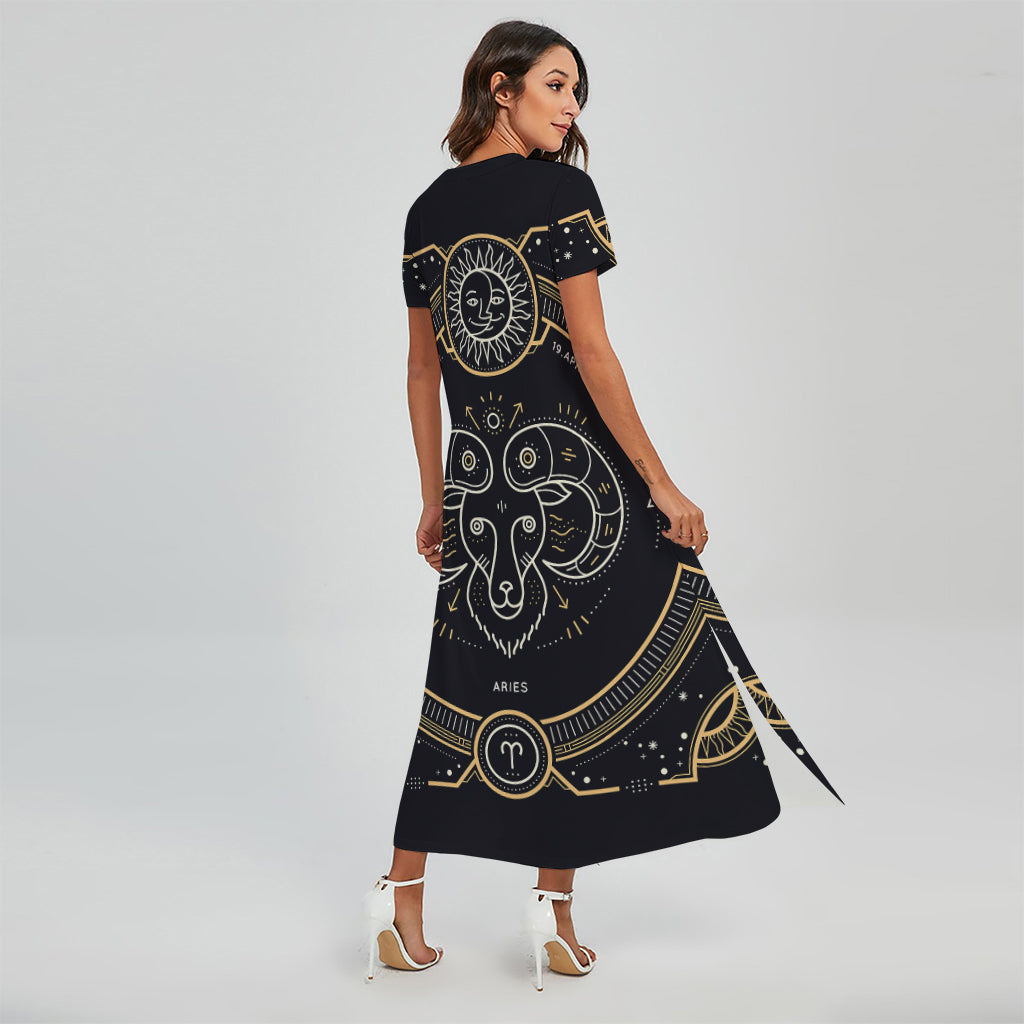 Vintage Aries Zodiac Sign Print Short Sleeve Maxi Dress