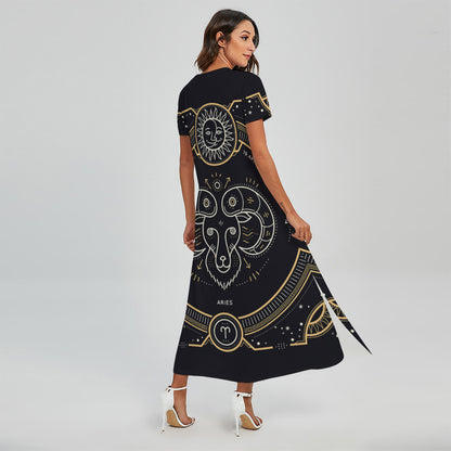 Vintage Aries Zodiac Sign Print Short Sleeve Maxi Dress