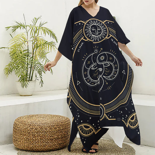 Vintage Aries Zodiac Sign Print Silk V-Neck Kaftan Dress
