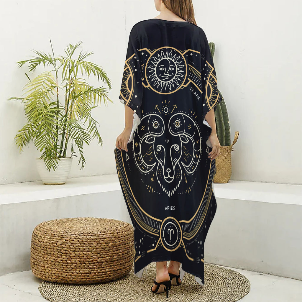 Vintage Aries Zodiac Sign Print Silk V-Neck Kaftan Dress