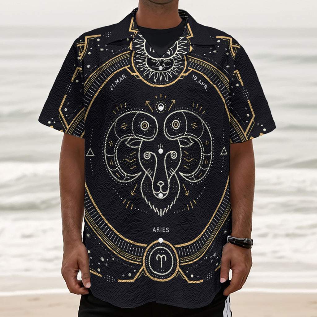 Vintage Aries Zodiac Sign Print Textured Short Sleeve Shirt