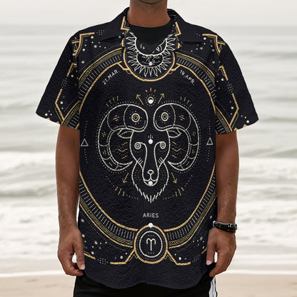 Vintage Aries Zodiac Sign Print Textured Short Sleeve Shirt