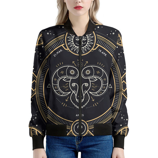 Vintage Aries Zodiac Sign Print Women's Bomber Jacket