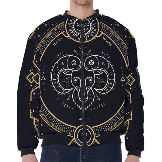 Vintage Aries Zodiac Sign Print Zip Sleeve Bomber Jacket