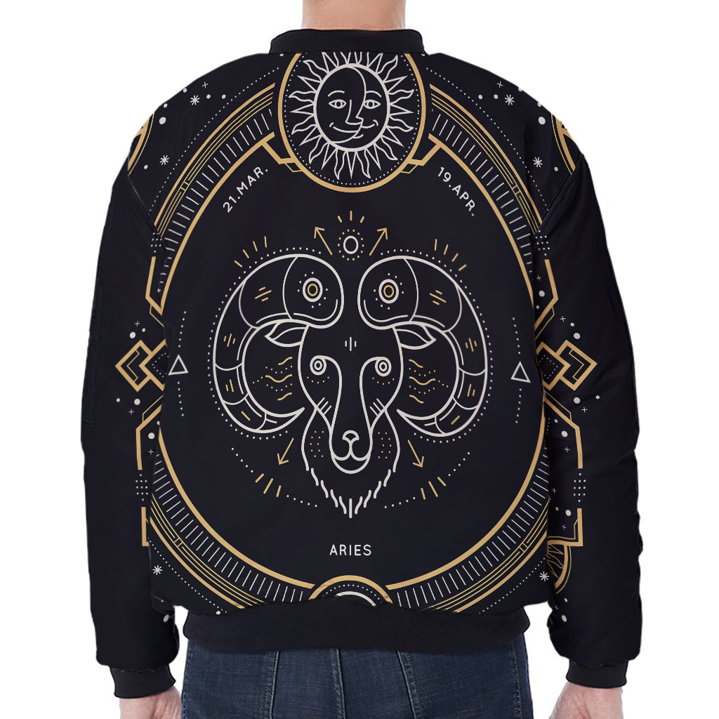 Vintage Aries Zodiac Sign Print Zip Sleeve Bomber Jacket