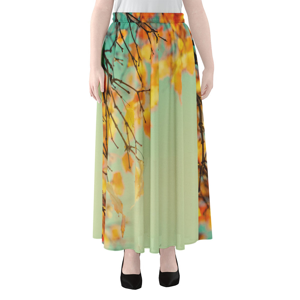 Vintage Autumn Print Chiffon Maxi Skirt