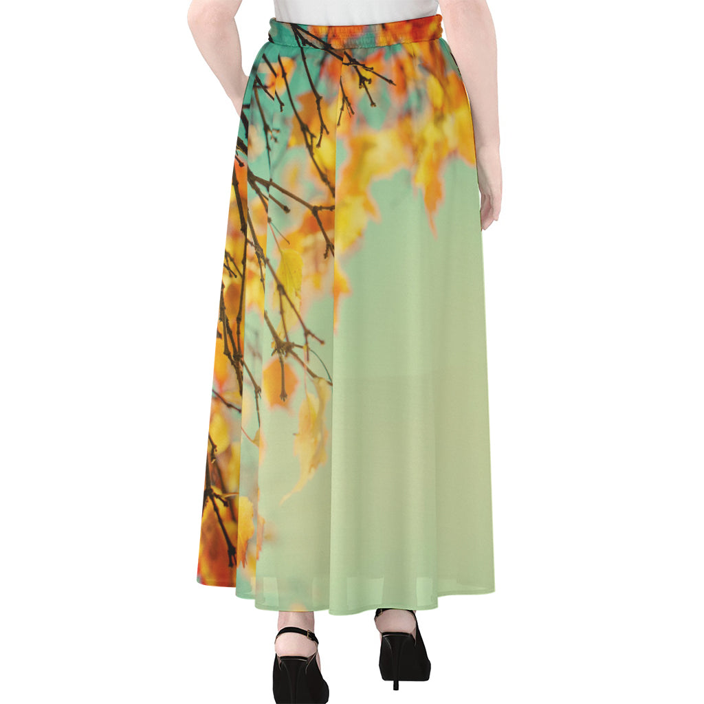 Vintage Autumn Print Chiffon Maxi Skirt