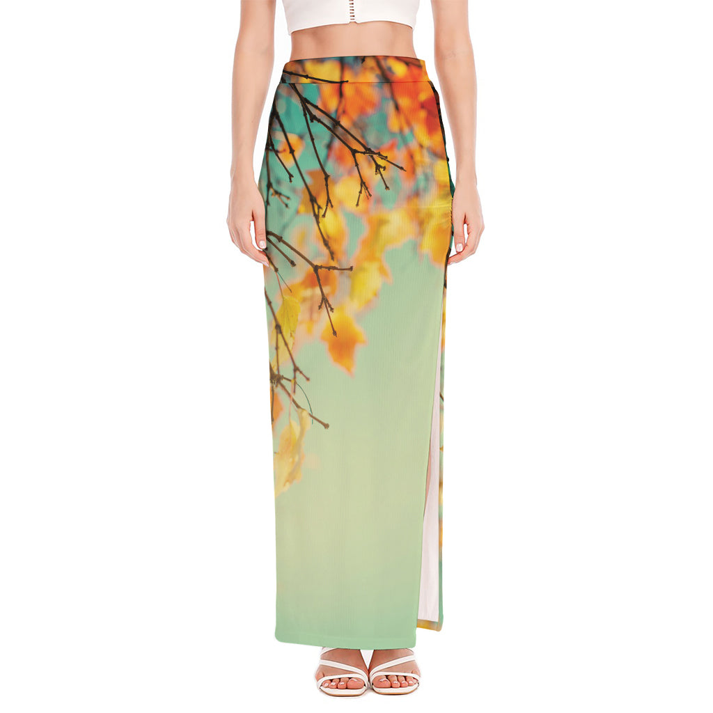 Vintage Autumn Print High Slit Maxi Skirt