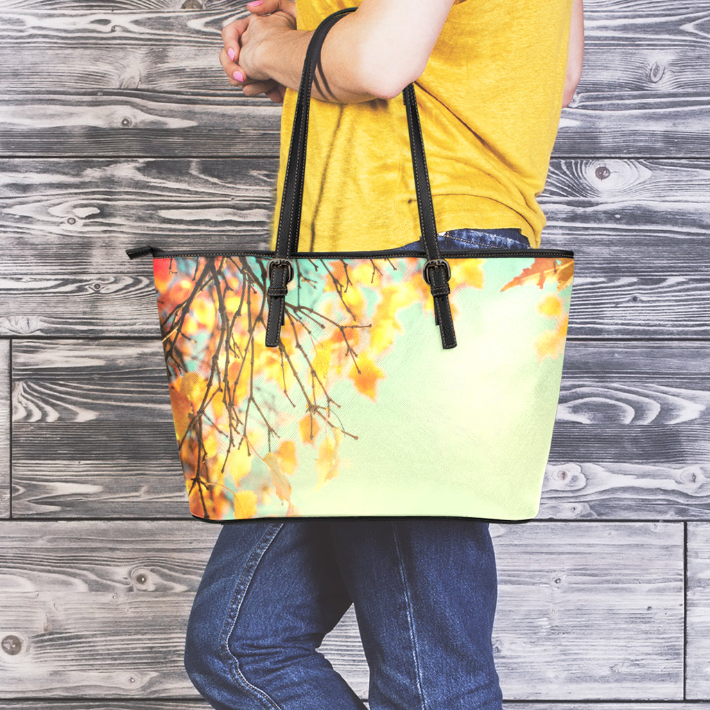 Vintage Autumn Print Leather Tote Bag