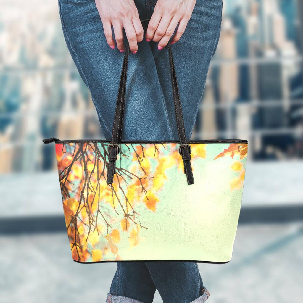 Vintage Autumn Print Leather Tote Bag