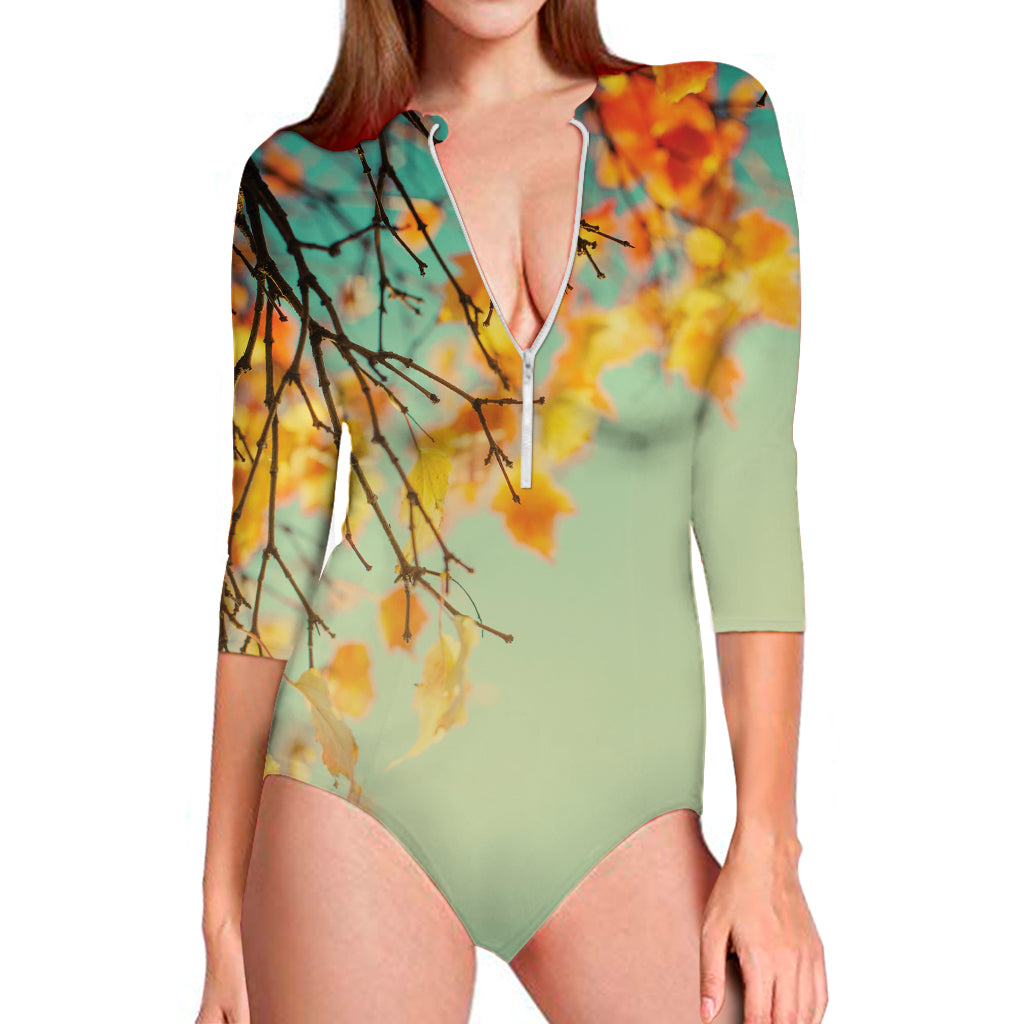 Vintage Autumn Print Long Sleeve Swimsuit