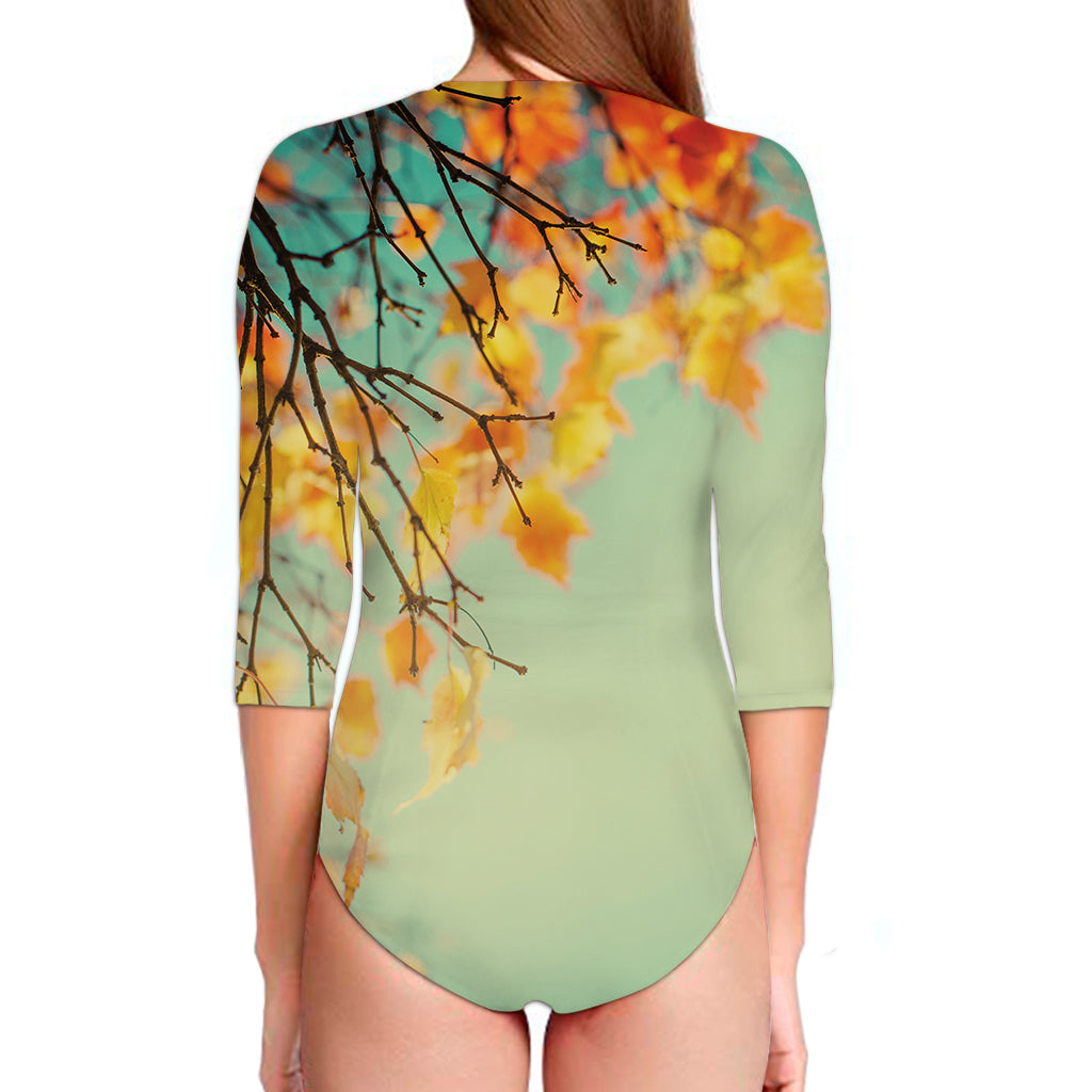 Vintage Autumn Print Long Sleeve Swimsuit