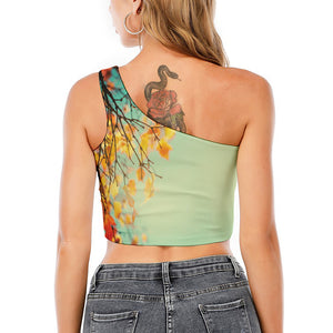 Vintage Autumn Print One Shoulder Crop Top