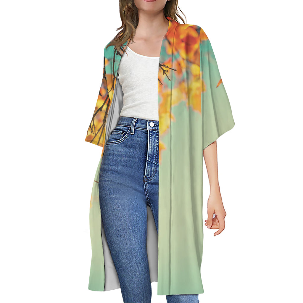 Vintage Autumn Print Open Front Beach Cover Up