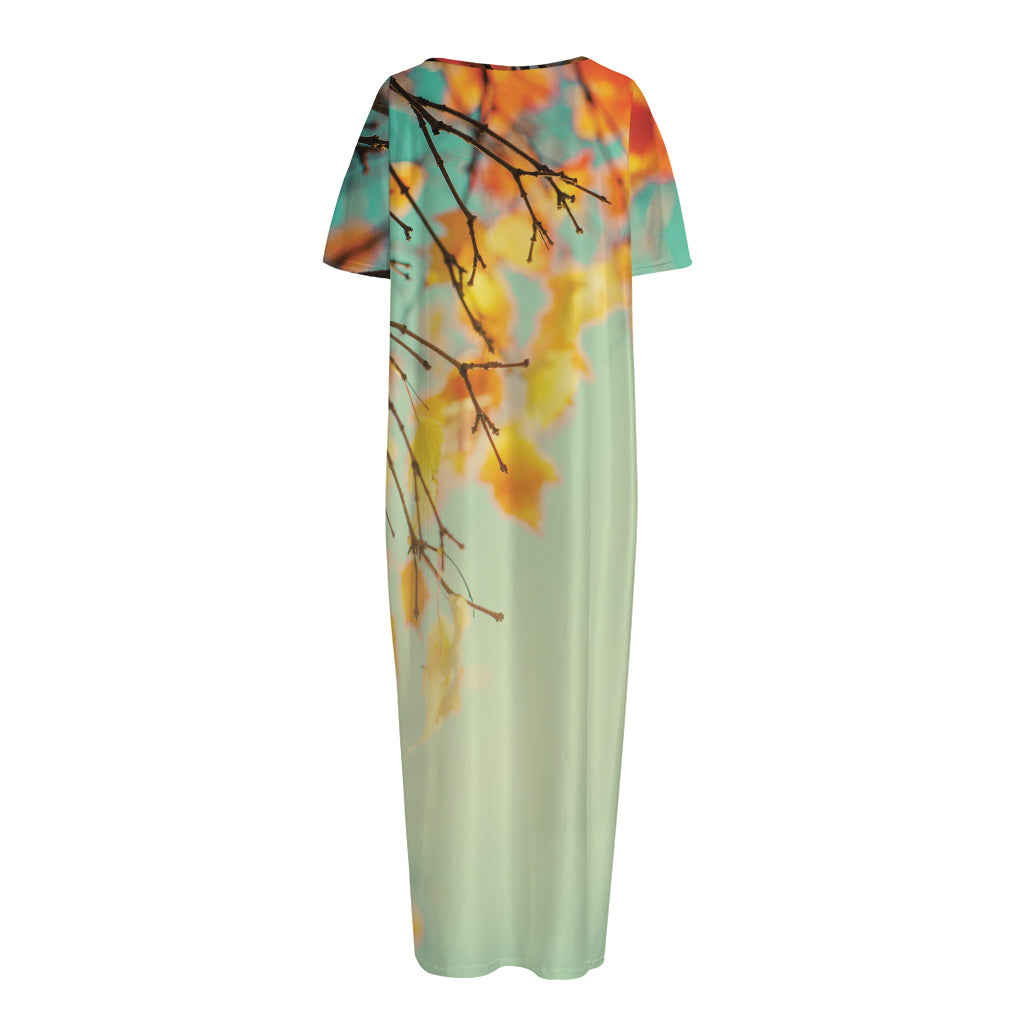 Vintage Autumn Print Short Sleeve Long Nightdress