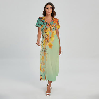 Vintage Autumn Print Short Sleeve Maxi Dress